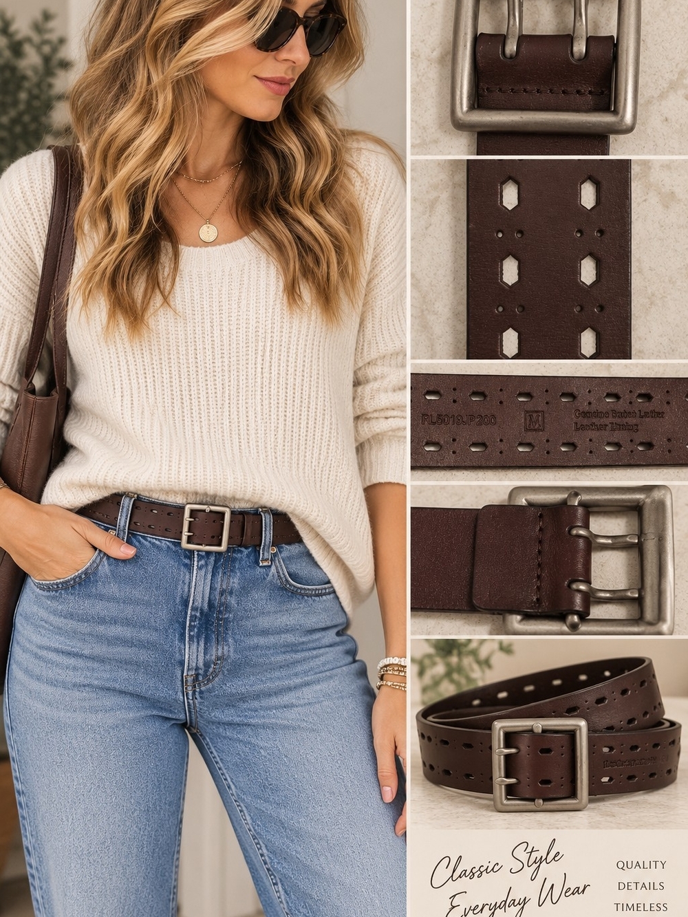 Brown Genuine Bonded Leather Double-Prong Belt Cutout Detail 38"